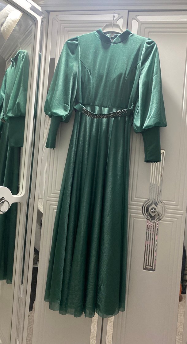 Yeşil Uzun Drapeli Kadın Abiye Elbise - Görsel 2