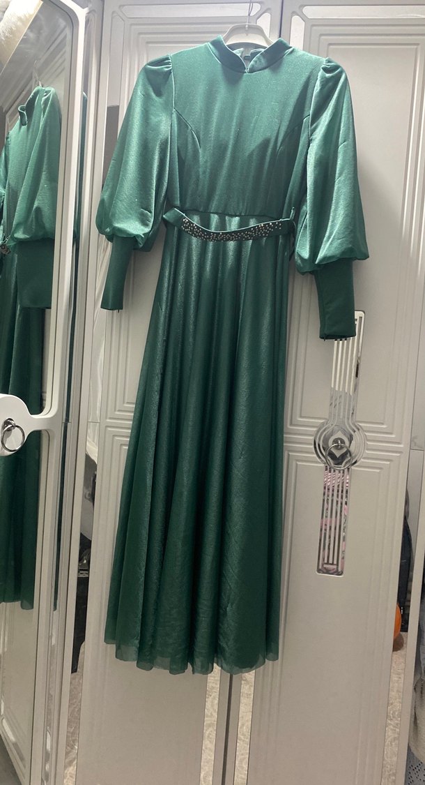 Yeşil Uzun Drapeli Kadın Abiye Elbise - Görsel 3