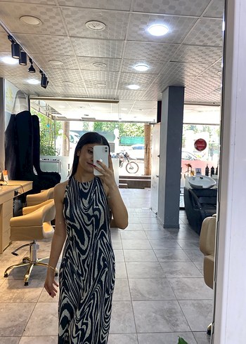 Siyah Gri Zebra Desenli Uzun Elbise - Görsel 3