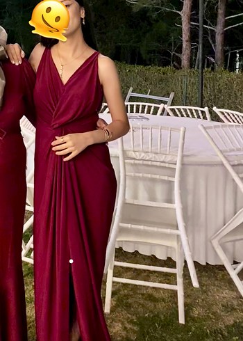 Bordo Drapeli Uzun Straplez Elbise - Görsel 2