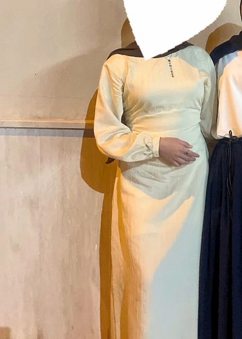 Bej Kemerli Uzun Keten Elbise - Görsel 2