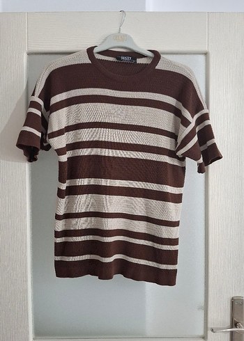 Kahverengi Çizgili Kısa Kollu Triko Kazak - Görsel 2