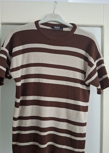 Kahverengi Çizgili Kısa Kollu Triko Kazak - Görsel 4