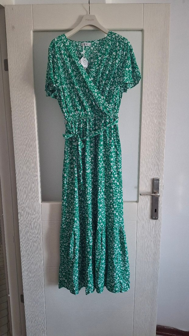 Yeşil Bohem V Yaka Uzun Elbise - Görsel 2