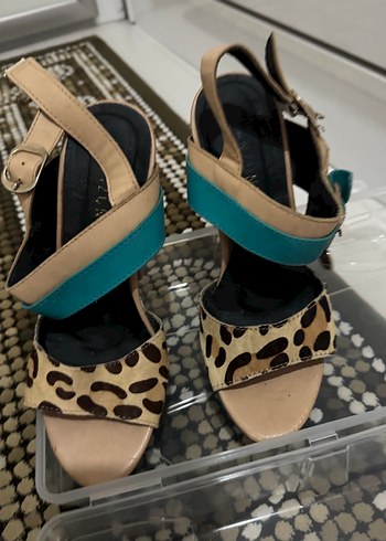 Tasarım Leopar Turkuaz Platform Topuklu Ayakkabı - Görsel 2