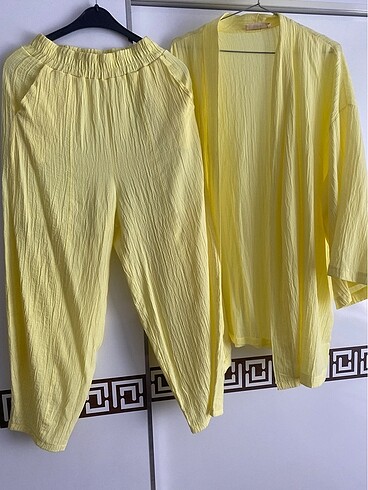 Sarı Gofreli Kimono Takım