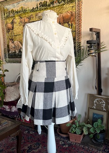 Ekose Desenli Gri Beyaz Mini Etek - Görsel 4