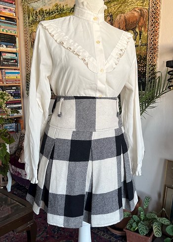 Ekose Desenli Gri Beyaz Mini Etek - Görsel 5