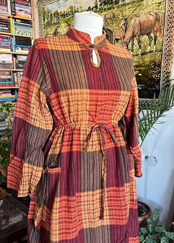 Uzun Ekose Desenli Bohem Elbise - Görsel 3