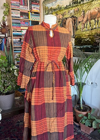 Uzun Ekose Desenli Bohem Elbise - Görsel 2