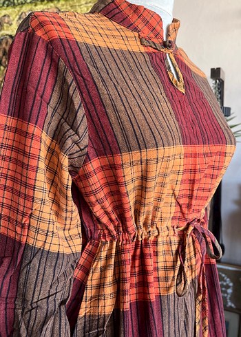 Uzun Ekose Desenli Bohem Elbise - Görsel 5