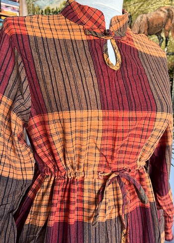 Uzun Ekose Desenli Bohem Elbise - Görsel 4