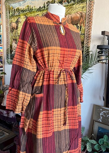 Uzun Ekose Desenli Bohem Elbise - Görsel 8