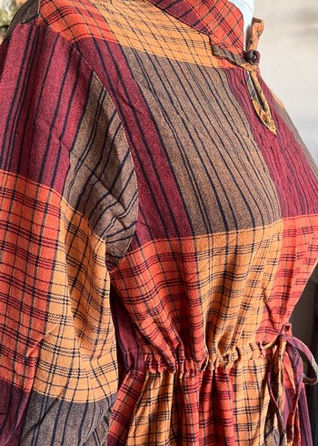 Uzun Ekose Desenli Bohem Elbise - Görsel 6