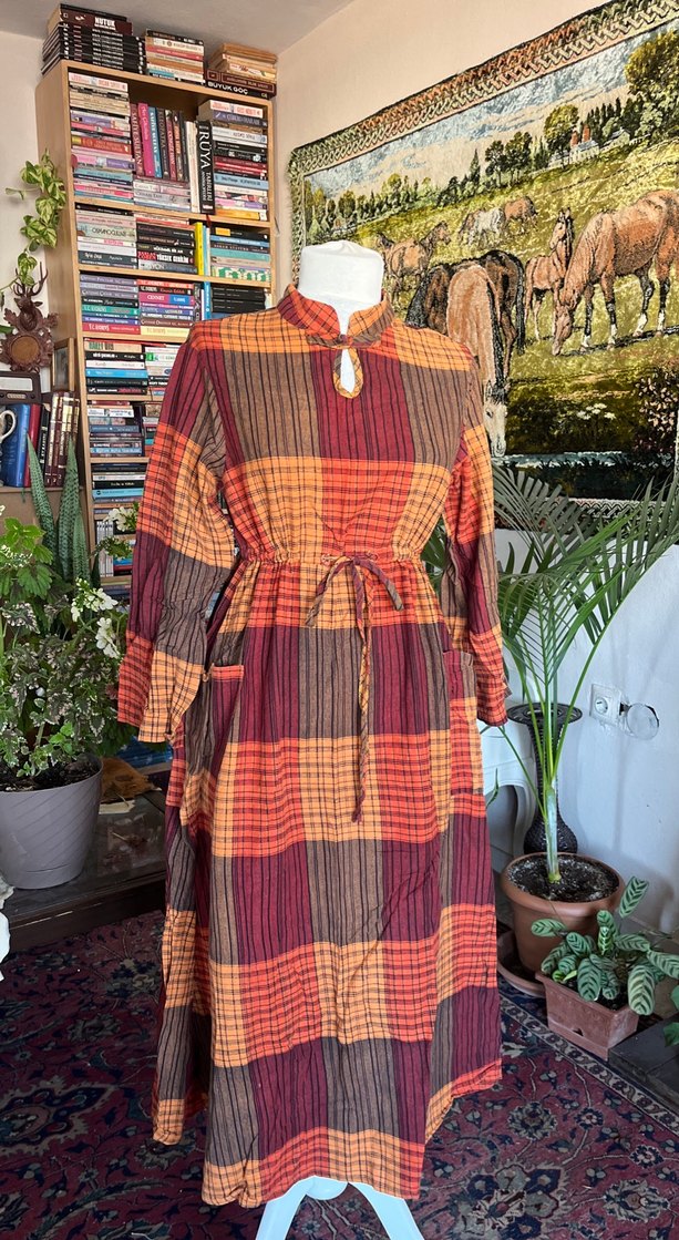 Uzun Ekose Desenli Bohem Elbise - Görsel 2