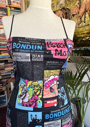 Çok Renkli Baskılı Straplez Midi Elbise - Görsel 4