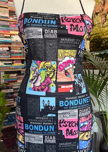 Çok Renkli Baskılı Straplez Midi Elbise - Görsel 6