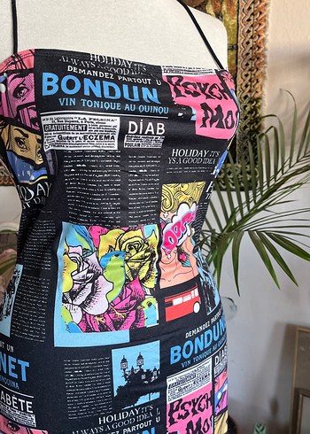 Çok Renkli Baskılı Straplez Midi Elbise - Görsel 5