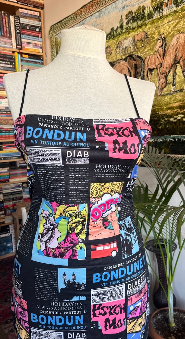 Çok Renkli Baskılı Straplez Midi Elbise - Görsel 4