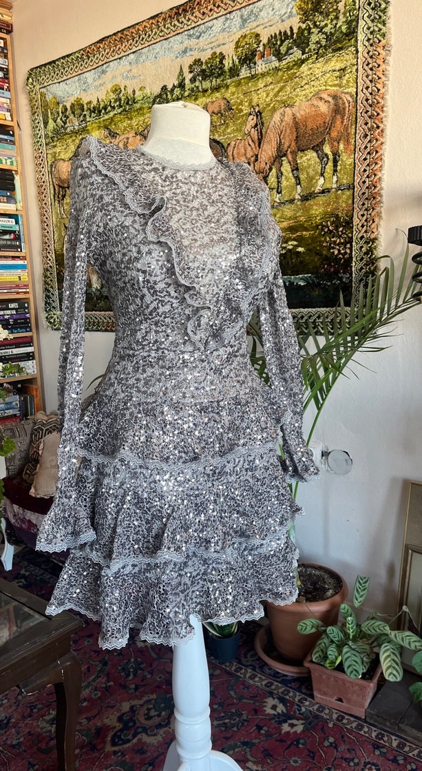 Uzun Kollu Gri Fırfırlı pullu Elbise - Görsel 3