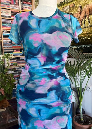 Renkli ebruli Desenli Drapeli Kadın Uzun Elbise - Görsel 5