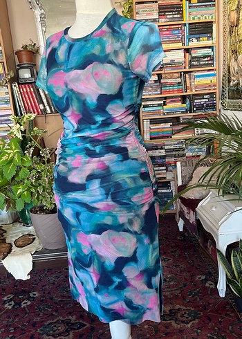 Renkli ebruli Desenli Drapeli Kadın Uzun Elbise - Görsel 7