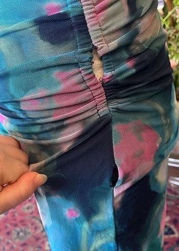 Renkli ebruli Desenli Drapeli Kadın Uzun Elbise - Görsel 8