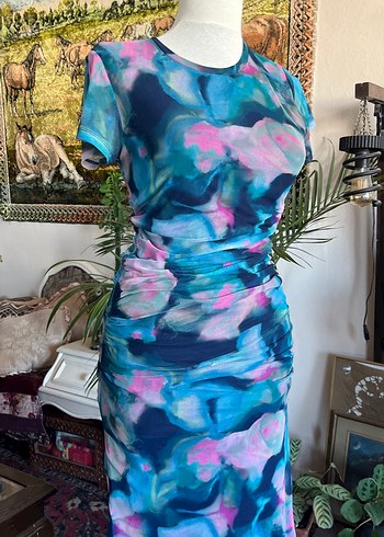 Renkli ebruli Desenli Drapeli Kadın Uzun Elbise - Görsel 4