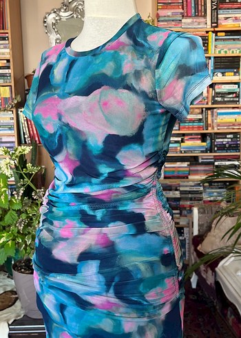 Renkli ebruli Desenli Drapeli Kadın Uzun Elbise - Görsel 6