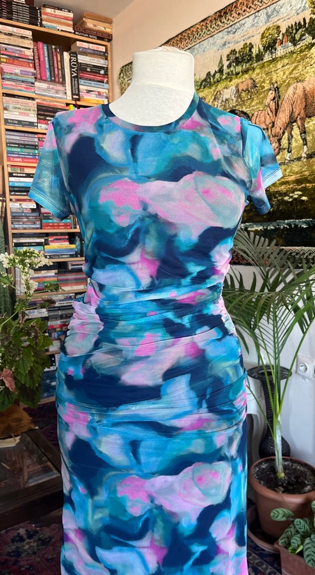 Renkli ebruli Desenli Drapeli Kadın Uzun Elbise - Görsel 5