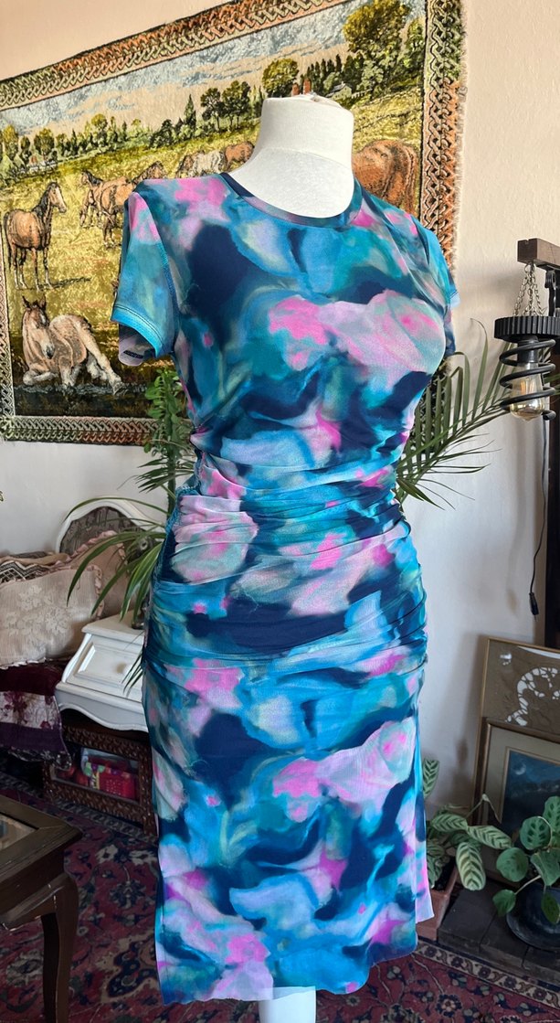 Renkli ebruli Desenli Drapeli Kadın Uzun Elbise - Görsel 4