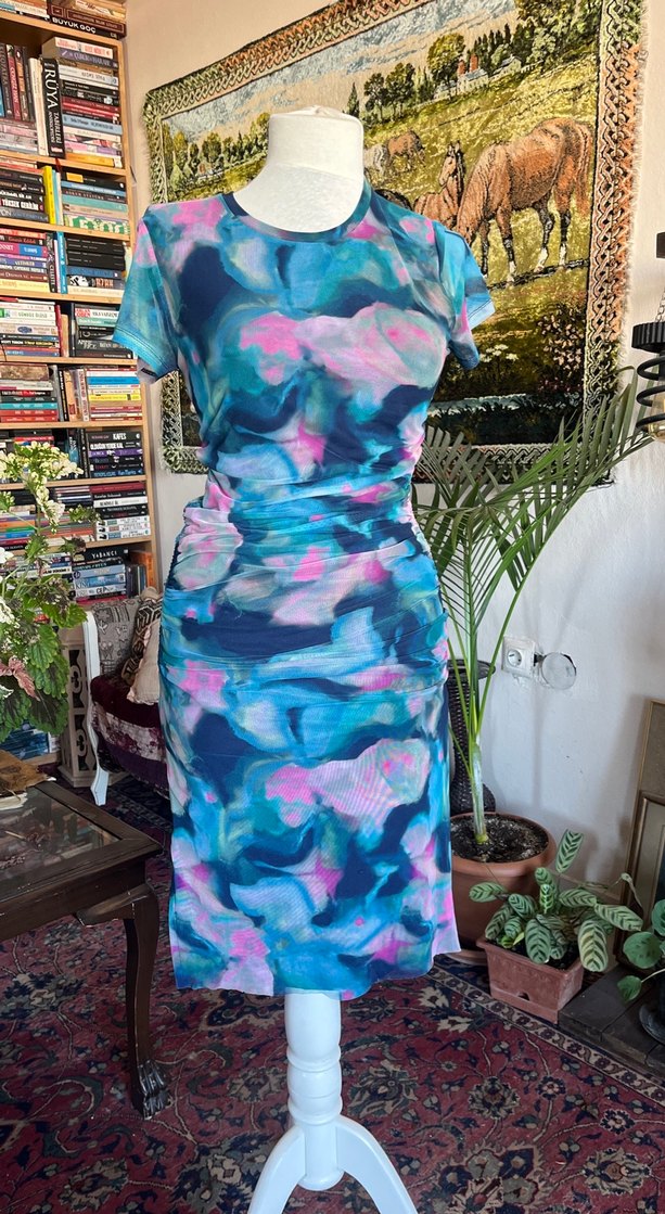 Renkli ebruli Desenli Drapeli Kadın Uzun Elbise - Görsel 3