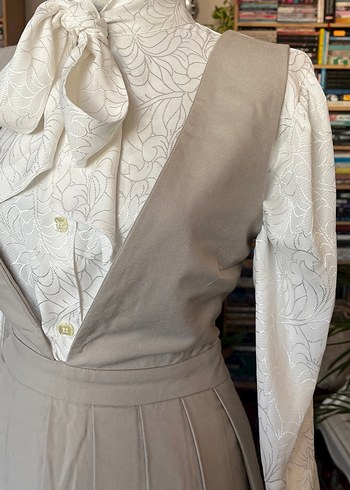 Bej Renkli Kadın Pilili Midi elbise - Görsel 10