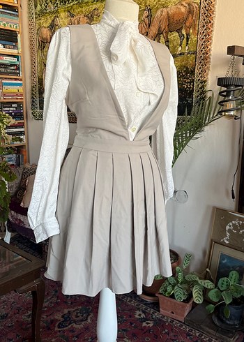 Bej Renkli Kadın Pilili Midi elbise - Görsel 3