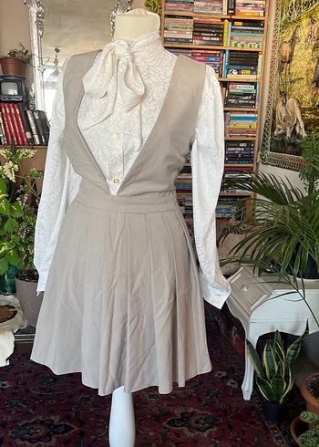 Bej Renkli Kadın Pilili Midi elbise - Görsel 8