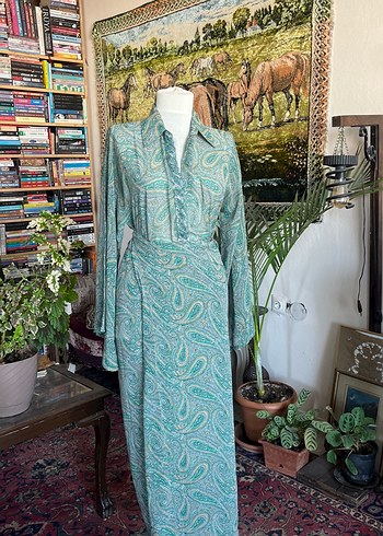 Turkuaz Drapeli Uzun Bohem Elbise - Görsel 2