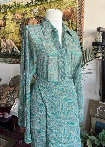 Turkuaz Drapeli Uzun Bohem Elbise - Görsel 3