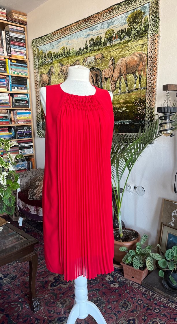 Piliseli Kırmızı Bohem Midi Elbise - Görsel 2