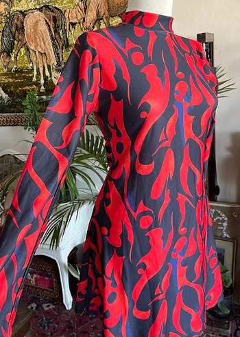 Kırmızı Desenli mini elbise - Görsel 8