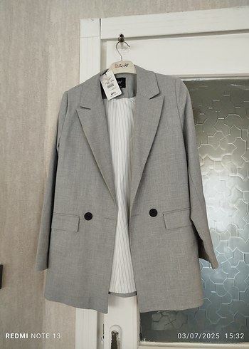 Gri Kadın Keten Midi Blazer Ceket