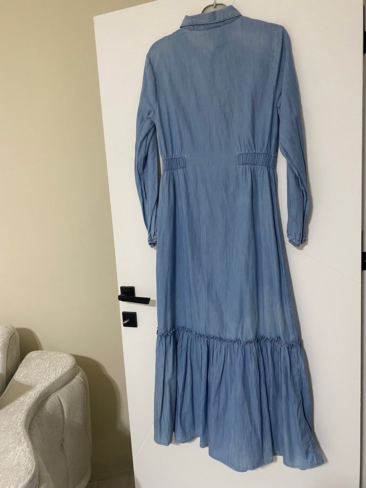 Piliseli Uzun Kollu Kot Elbise - Görsel 4