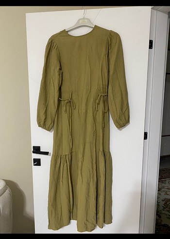 Bej Uzun Keten Elbise, Rahat Kesim, Uzun Kollu - Görsel 7