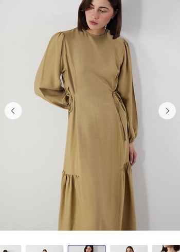 Bej Uzun Keten Elbise, Rahat Kesim, Uzun Kollu - Görsel 4
