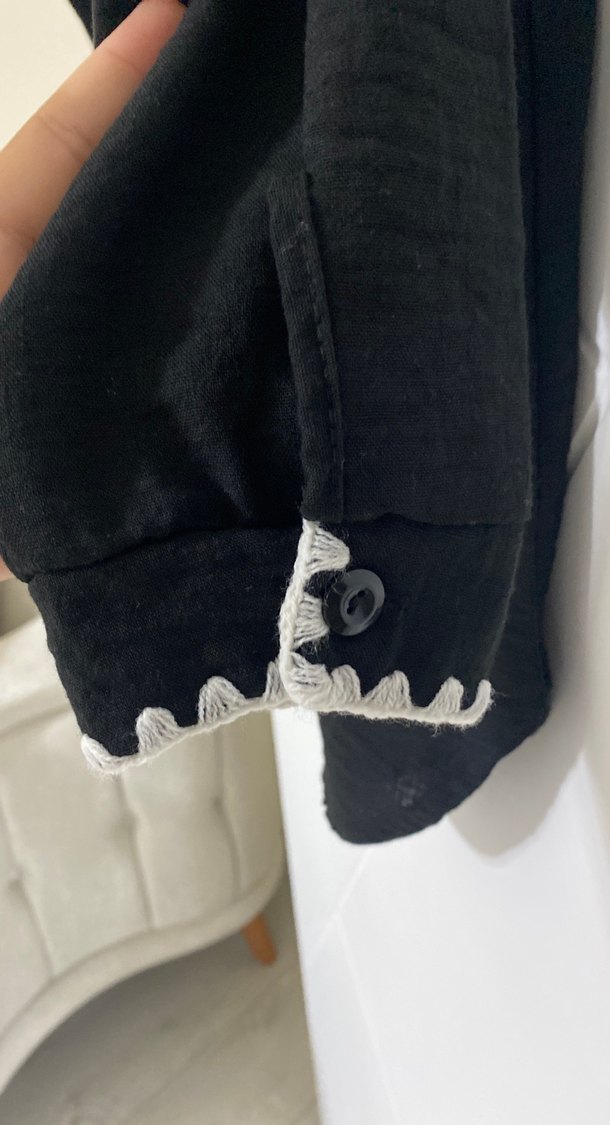 Düğmeli Siyah Uzun Keten Takım - Görsel 4