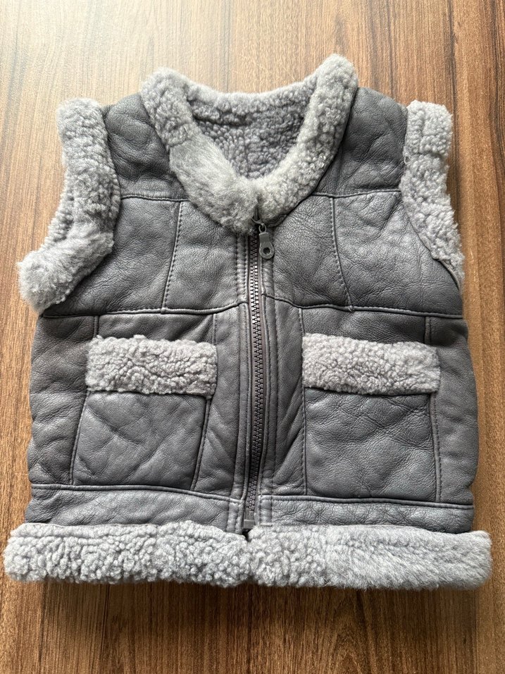 Gri Kürklü Deri Erkek Çocuk Biker yelek - Görsel 3