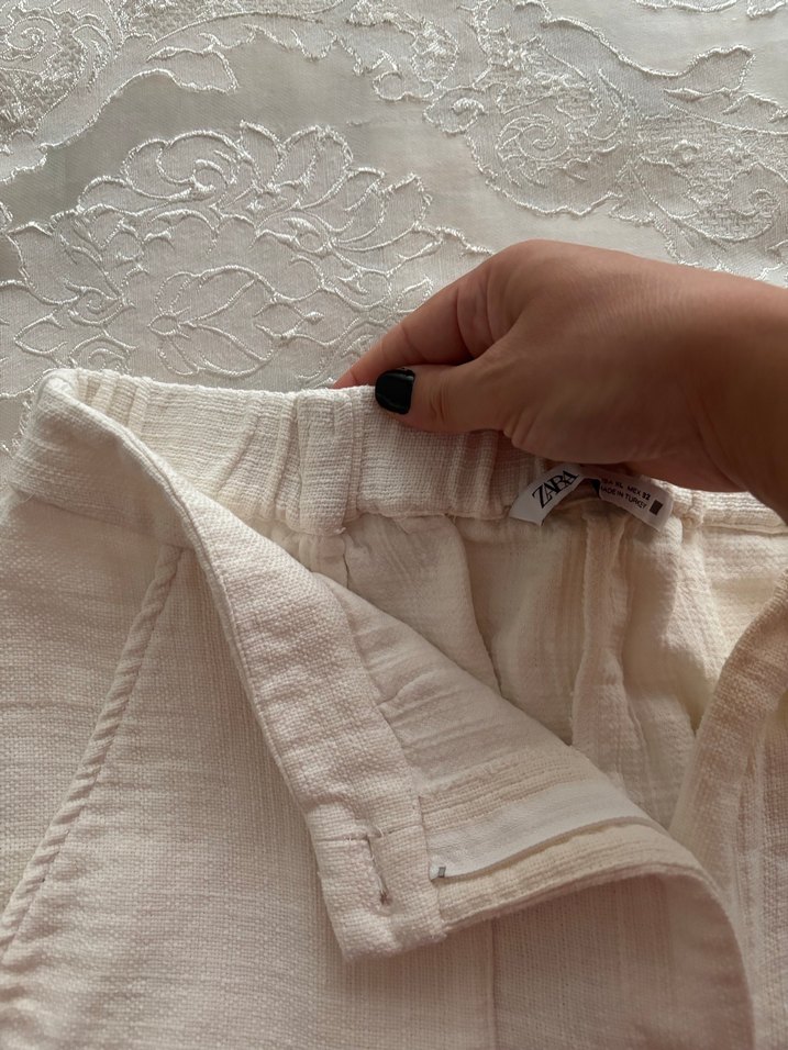 Beyaz Keten Midi Kadın Pantolon - Görsel 5