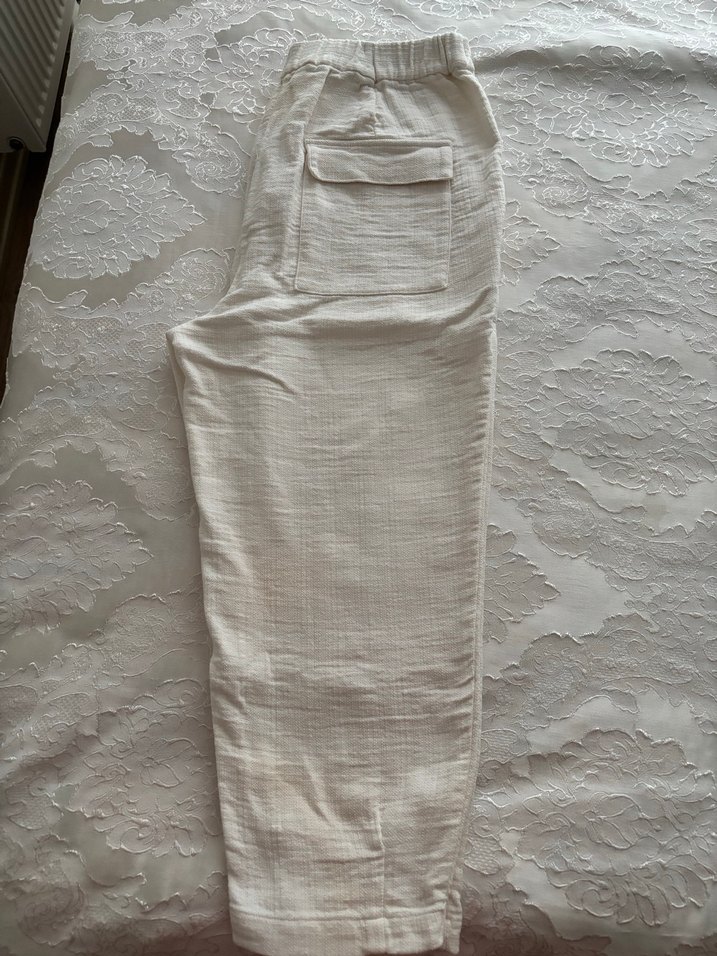 Beyaz Keten Midi Kadın Pantolon - Görsel 2