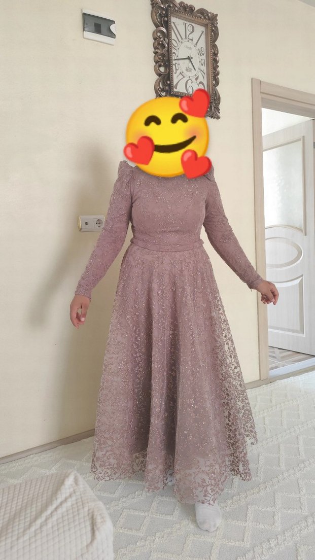 Uzun Kollu Dantel Pudra Abiye Elbise - Görsel 2