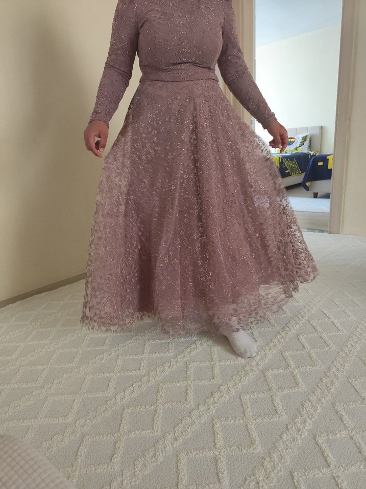 Uzun Kollu Dantel Pudra Abiye Elbise - Görsel 3