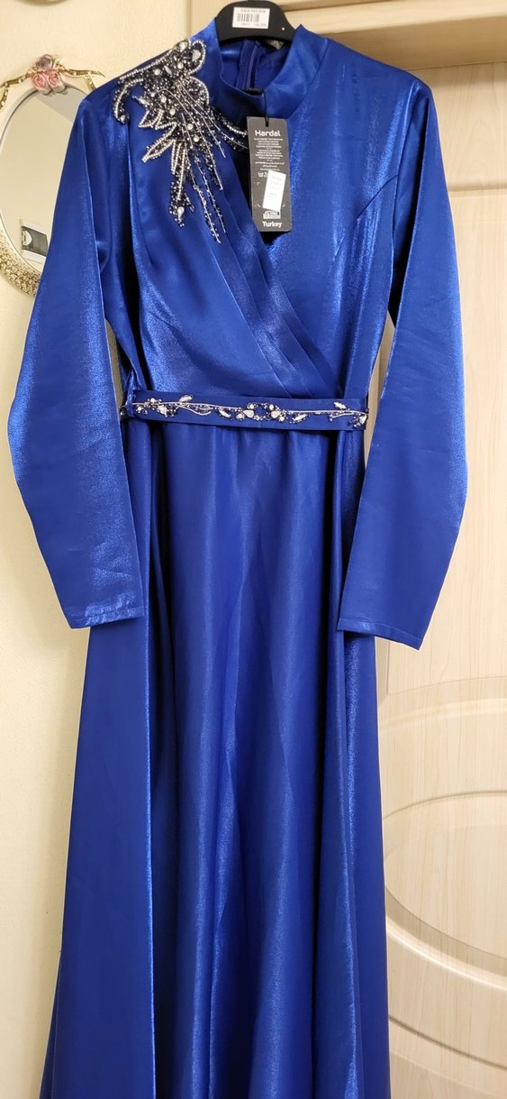 Uzun Kollu Mavi Drapeli Abiye Elbise - Görsel 2